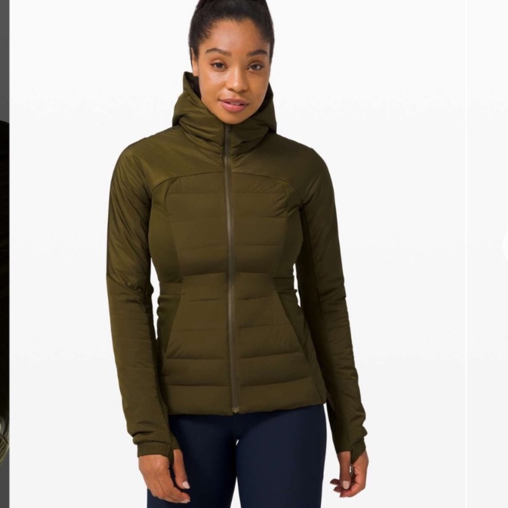 Lululemon Down For It All Jacket Size 6.  Moss Green. Slim Fit, Hip Length